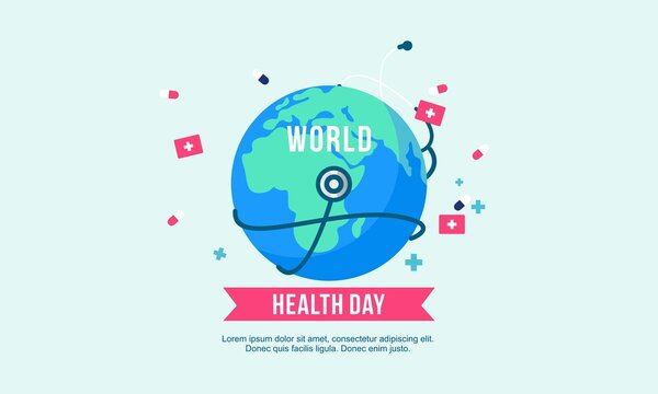 Flat design world health day with stetoscop, love, globe symbol