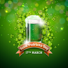 Saint Patrick's Day Illustration with Irish Traditional Green Beer and Flying Clover Leaves on Shiny Background. St. Patricks Day Lucky Celebration Vector Design for Flyer, Greeting Card, Web Banner
