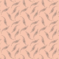 Seamless vector pattern is created on the basis of hand drawing, sketch. Stylish pattern featuring a peacock feather or a phoenix bird feather.