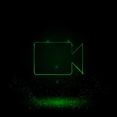 A large green outline video camera symbol on the center. Green Neon style. Neon color with shiny stars. Vector illustration on black background