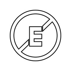Fototapeta premium The letter E symbol is crossed. Illustration of the prohibition of the use of additive materials, without addictive ingredients, in black and white. Simple and isolated style on a blank background.