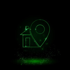 Fototapeta na wymiar A large green outline real estate location symbol on the center. Green Neon style. Neon color with shiny stars. Vector illustration on black background