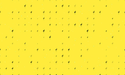 Seamless background pattern of evenly spaced black flamingos symbols of different sizes and opacity. Vector illustration on yellow background with stars