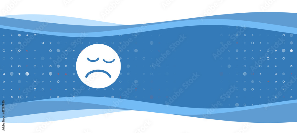 Poster blue wavy banner with a white depression symbol on the left. on the background there are small white