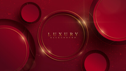 Red luxury background with gold circle frame element with glitter light effect decoration and bokeh.
