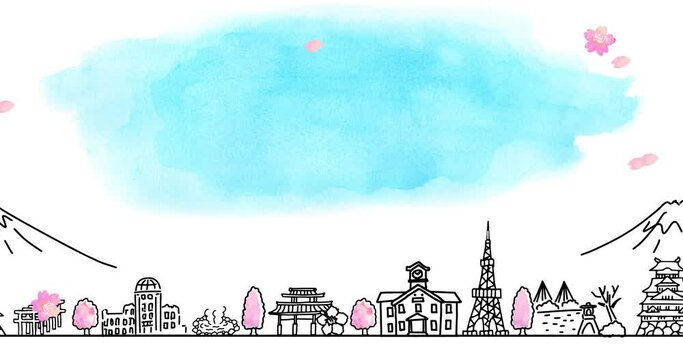 hand drawing cityscape JAPAN in Spring and blue sky loop animnation