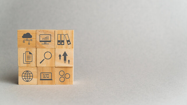 Data discovery concept. Icons of analysis, research and information collection with copy space