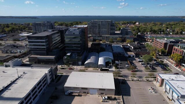 Aerial View of Madison, Wisconsin USA, Business Buildings and Neighborhood by US 151 Interstate Highway, Drone Shot