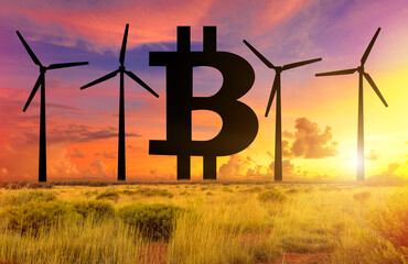 Crypto-currency mining using clean energy from wind turbines. Alternative renewable green energy source environmental sustainability. Sunset sky background. Alternative and renewable energy concept.