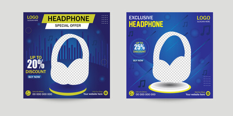 Instagram square headphone or musical instrument poster design template. New arrival smart headphone banner for selling and promotional purpose.