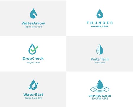 set logo. drop arrow logo, thunder drop logo, drop check logo, drop tech logo, stat drop logo and dripping water logo template design in vector illustration