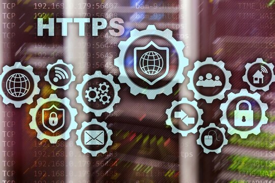 HTTPS. Hypertext Transport Protocol Secure. Technology Concept on Server Room Background. Virtual Icon for network security web service