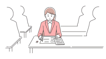 真剣に試験を受けるスーツ姿の人物、室内風景　3色