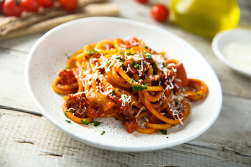 Pasta with sausage and tomato sauce
