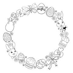 Vector frame, border, wreath from contour traditional Easter elements: ornamental eggs, bunnies, cakes, flowers, bows. Simple spring holiday background, decoration in doodle style