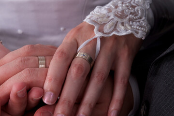 Love and wedding concept. Love couple holding hands with rings.