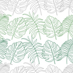 Seamless pattern with tropical leaves doodle style. Summer botanical illustration with leaves. Vector image.