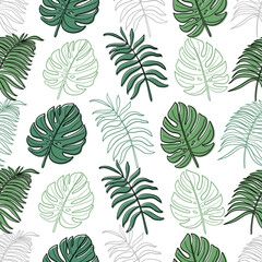 Fototapeta na wymiar Seamless pattern with tropical leaves doodle style. Summer botanical illustration with leaves. Vector image.