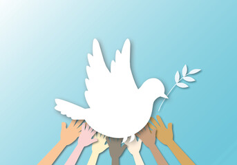Group of people united diversity holding paper white dove or pigeon carrying olive branch on blue background, World Peace Day or International Day of Peace concept, copy space, paper cut design style.