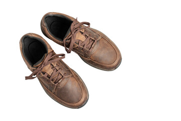 Mens brown leather walking shoes isolated on white background
