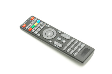 Remote control for digital TV tuners, music players, and disk drives on a white background