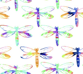 Seamless background with color dragonflies hand-drawn in traditional Japanese style sumi-e. Can be used for wallpaper, pattern fills, textile, web page background, surface textures.