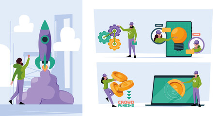 Business startup. New product investment perfect business ideas successful workers corporate managers garish vector startup concept pictures