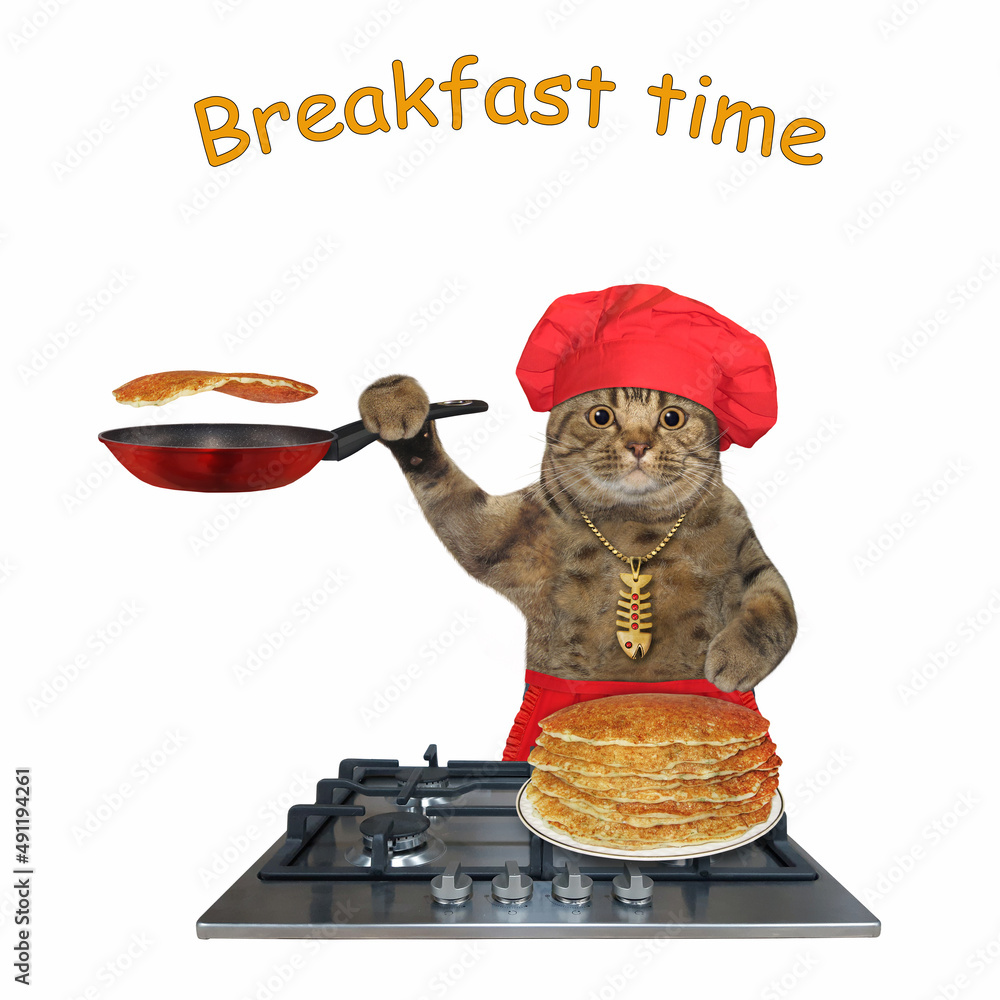 Wall mural a beige cat in a red chef hat and apron cooks pancakes on a gas stove. breakfast time. white backgro