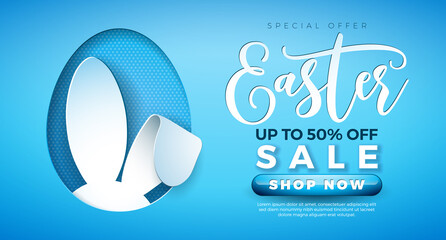 Easter Sale Illustration with Cute Rabbit Ears in Egg Shape on Light Blue Background. Vector Easter Holiday Design Template for Coupon, Web Banner, Voucher or Promotional Poster.