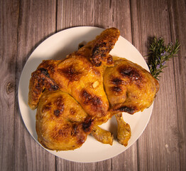 Grilled chicken in American style, crapaudine, devil sauce, vegetable tempura. High quality photo