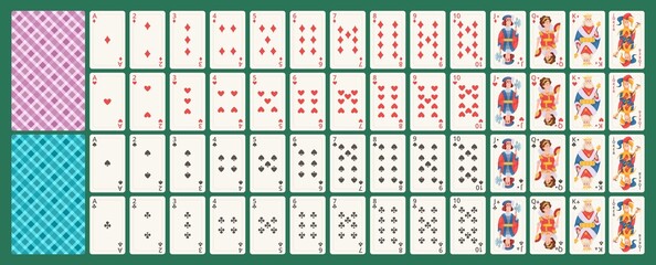 Playing cards. Gaming casino symbols funny cartoon mascots woman queen jack king exact vector pictures set