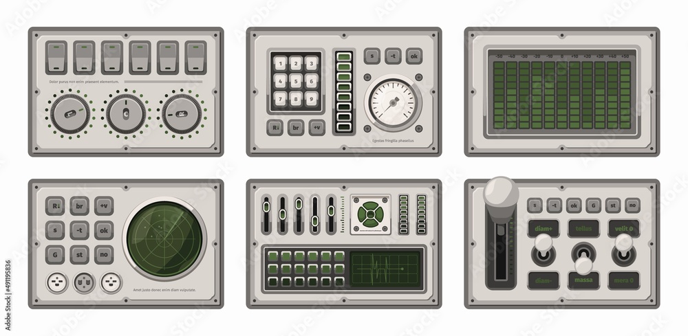 Poster Control panels templates. Ui colored set buttons checkboxes frames keypad switches scrollers music amplified systems garish vector set