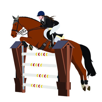 Springreiten, Reiterin auf Pferd beim Sprung &uuml;ber ein Hindernis