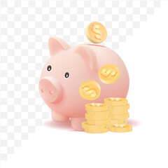 3d piggy bank with coin isolated on white background