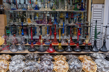 istanbul eminonu, hookahs lined up at the counter for sale. selective focus