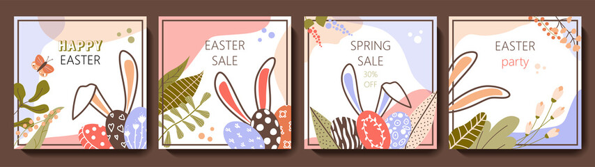 Happy Easter greeting card set. Cute spring backgrounds with rabbits, eggs, flowers. Colorful flat vector templates for social media post, online advertising, flyer, invitation, postcard square design