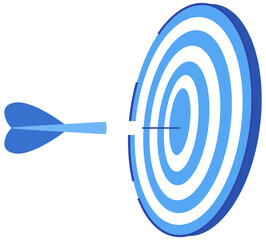 Arrow, dart hitting target, aim. Goal achievement, success, leadership concept. Winning competition, successful strategy. Target with circles to hit and dart, darts game isolated on white background