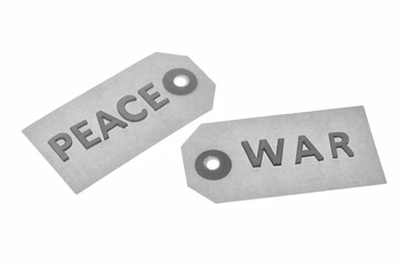 Peace. War. Tags. Label. Black and white. Text. White background 
