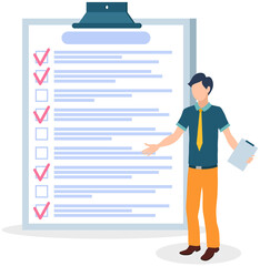 Month scheduling, to do list, time management. Businessman stands near checklist and planning. Plan fulfilled, task completed, timetable on paper sheet. Check list plan, schedule creation concept