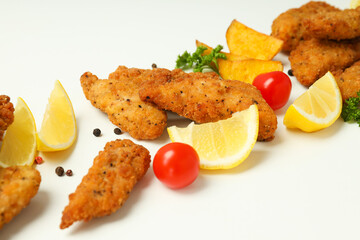 Concept of tasty food with Chicken strips, close up
