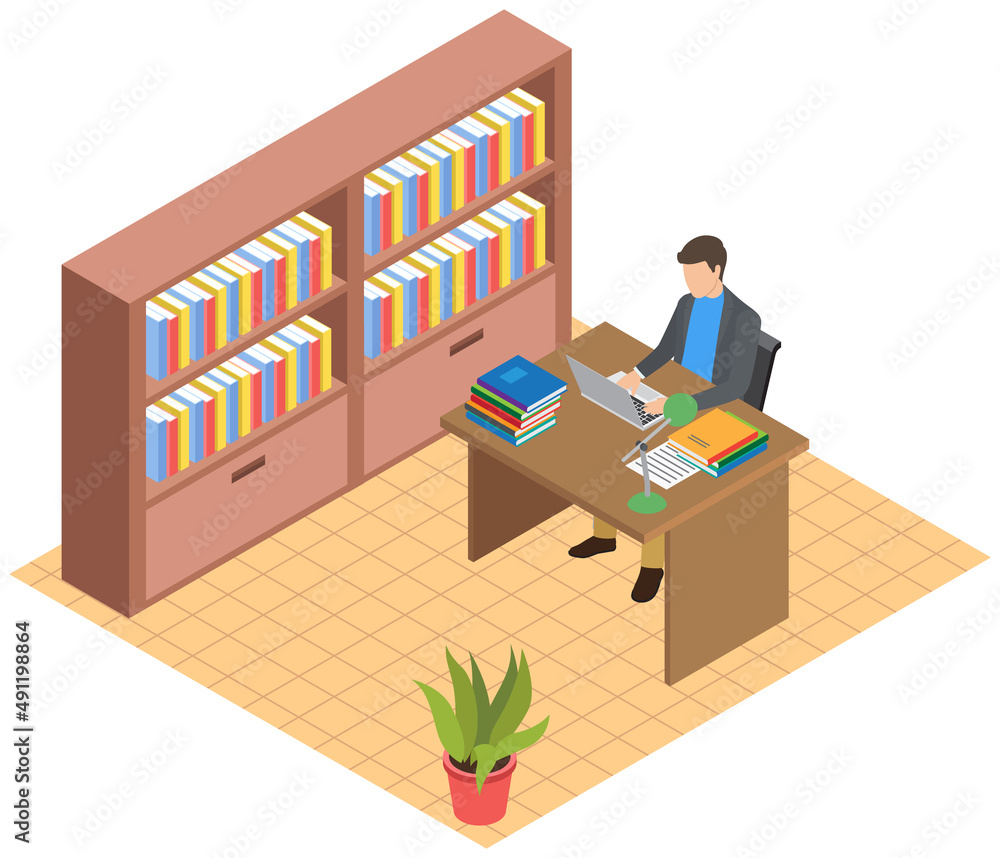 Poster office workplace. business man professional working with laptop and documents on table. employee wor
