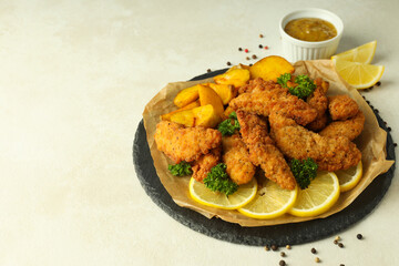 Concept of tasty food with Chicken strips, space for text