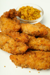 Concept of tasty food with Chicken strips, close up