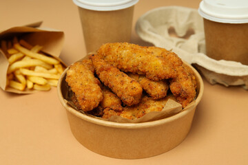 Concept of tasty food with Chicken strips, close up