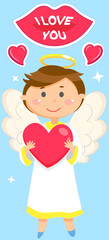 Cute happy angel with wings holding heart in hands. Peaceful little boy giving love, hope and peace on valentine postcard. Greeting card in romantic style with emotional text I love you on female lips