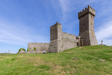 Fototapeta na wymiar Daylight on Rocca of Radicofani fortress with plants on brick walls, Tuscany, Italy