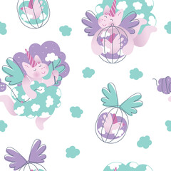 Seamless cute magical unicorns pattern. Flat vector illustration. Can be used for fabric design, print design or wallpaper.