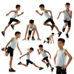 Fototapeta na wymiar Portrait of boy, child in sportswear training, running isolated over white background. Collage