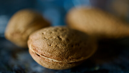 Apricot kernels, shelled almonds. Shelled almonds close up with macro shot. Focus is in the front. Backside bokeh effect.