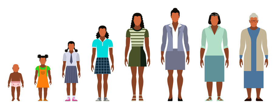 Woman life cycle flat vector illustration. Stages of aging women. The human body aging process.